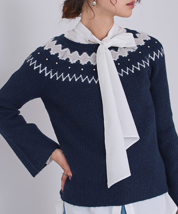 ユアーズ ur's フェアアイルフレアスリーブビジューニット (グレー) グレー