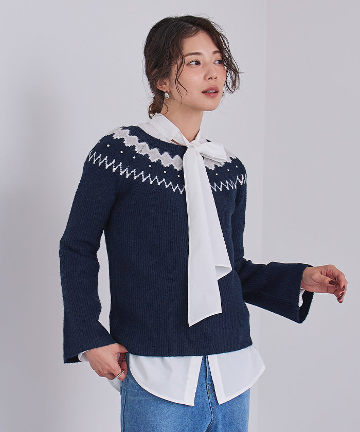 ユアーズ ur's フェアアイルフレアスリーブビジューニット (グレー) グレー