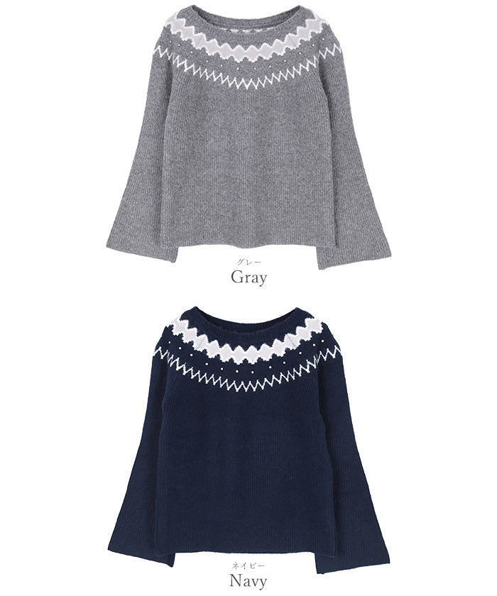 ユアーズ ur's フェアアイルフレアスリーブビジューニット (グレー) グレー
