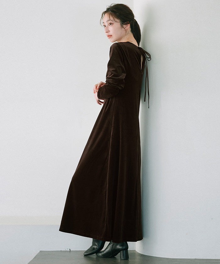 ユアーズ ur's バックリボンフィットアンドフレアベロアワンピース (ブラック) ブラック