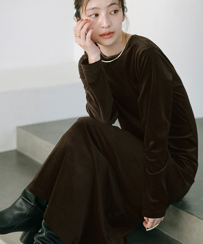 ユアーズ ur's バックリボンフィットアンドフレアベロアワンピース (ブラック) ブラック