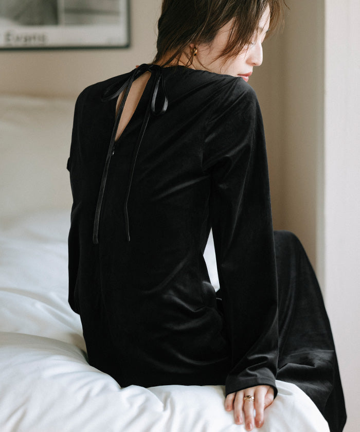 ユアーズ ur's バックリボンフィットアンドフレアベロアワンピース (ブラック) ブラック