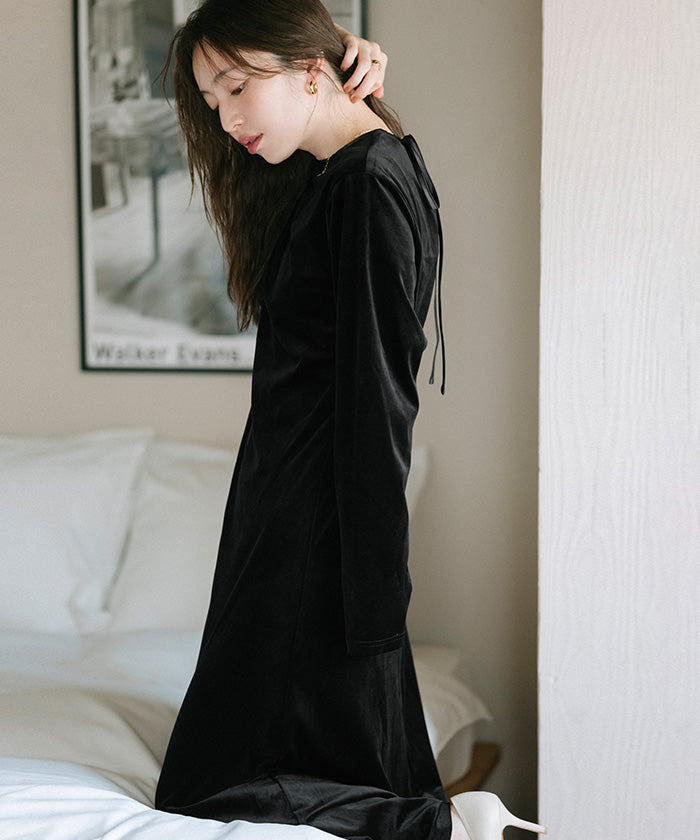 ユアーズ ur's バックリボンフィットアンドフレアベロアワンピース (ブラック) ブラック