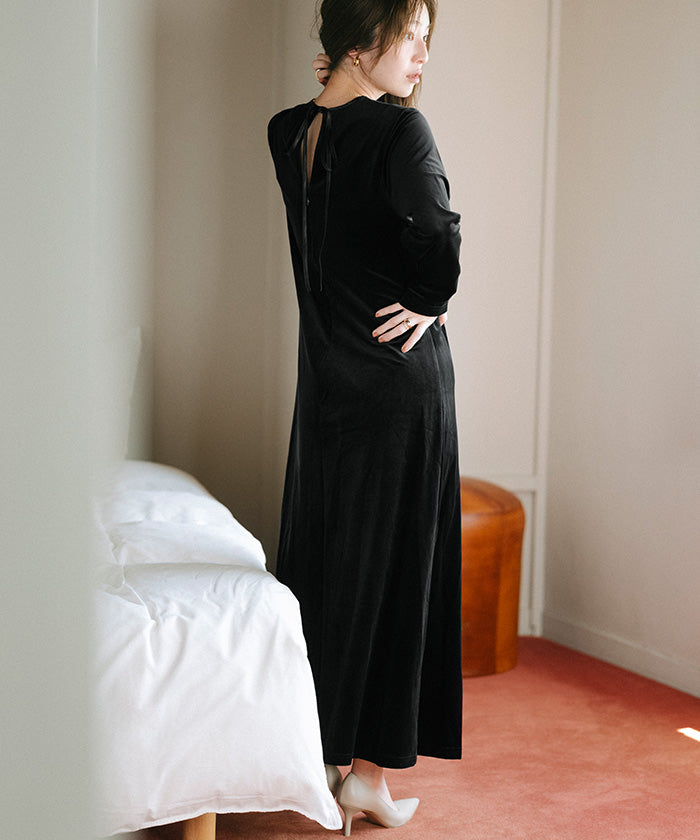 ユアーズ ur's バックリボンフィットアンドフレアベロアワンピース (ブラック) ブラック