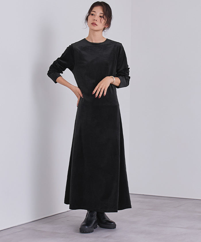 ユアーズ ur's バックリボンフィットアンドフレアベロアワンピース (ブラック) ブラック