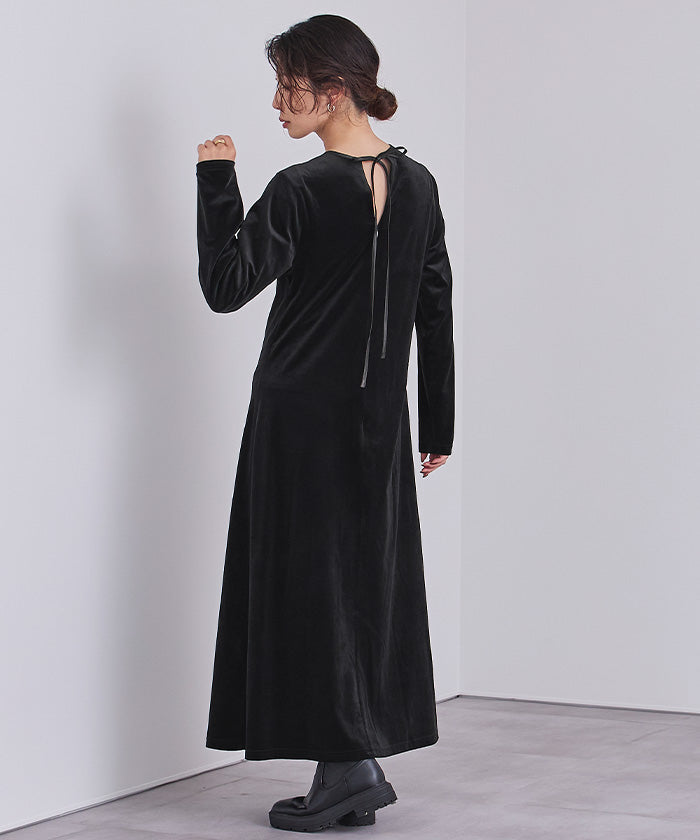 ユアーズ ur's バックリボンフィットアンドフレアベロアワンピース (ブラック) ブラック