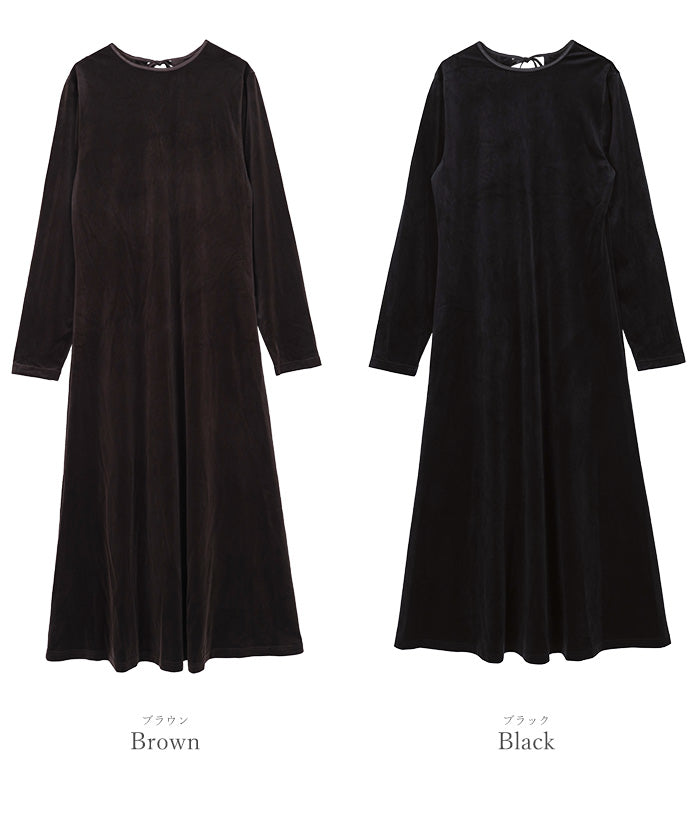 ユアーズ ur's バックリボンフィットアンドフレアベロアワンピース (ブラック) ブラック