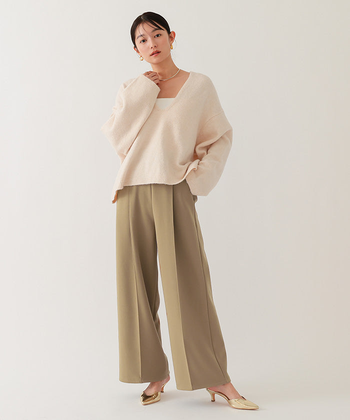 ユアーズ ur's 裏起毛センタープレスワイドパンツ (ブラック) ブラック