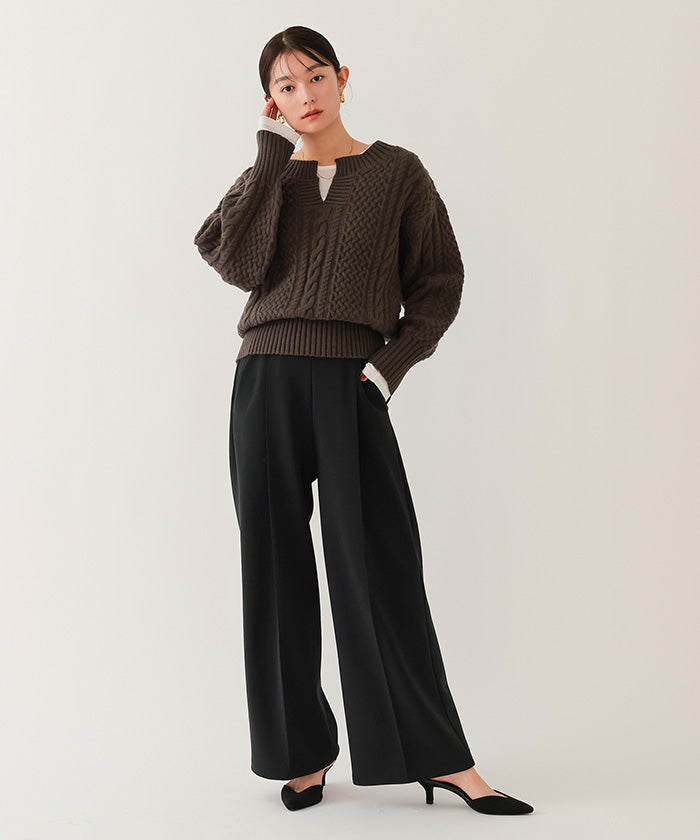 ユアーズ ur's 裏起毛センタープレスワイドパンツ (ブラック) ブラック