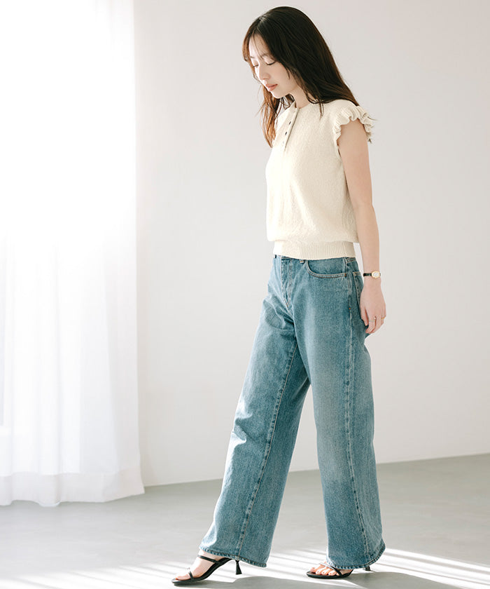 ユアーズ ur's 袖フリルサマーニット (ネイビー) ネイビー