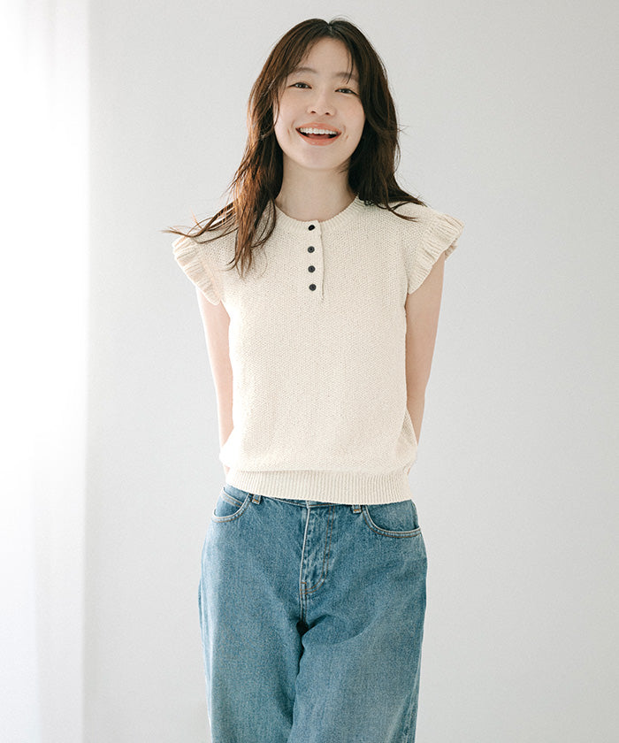 ユアーズ ur's 袖フリルサマーニット (ネイビー) ネイビー