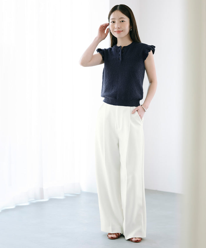 ユアーズ ur's 袖フリルサマーニット (ネイビー) ネイビー