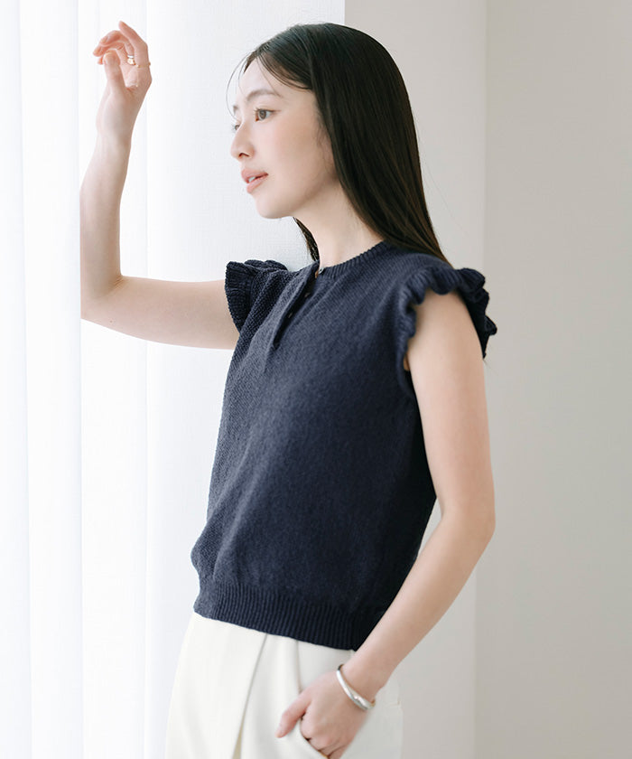 ユアーズ ur's 袖フリルサマーニット (ネイビー) ネイビー