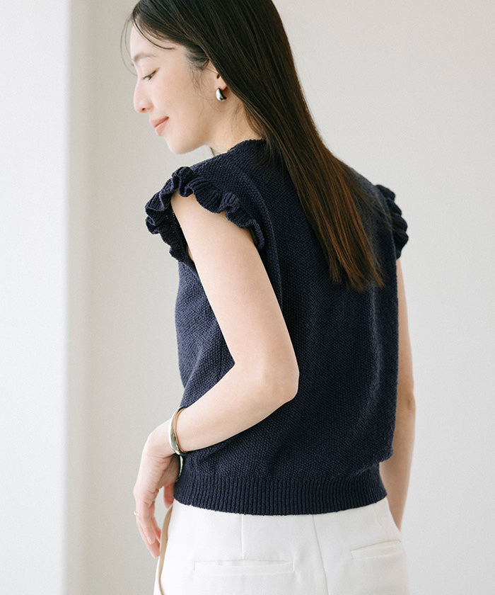 ユアーズ ur's 袖フリルサマーニット (ネイビー) ネイビー