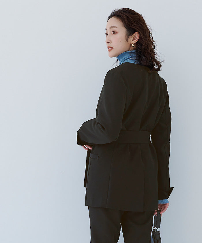 ユアーズ ur's ベルト付ノーカラージャケット (グレージュ) グレージュ