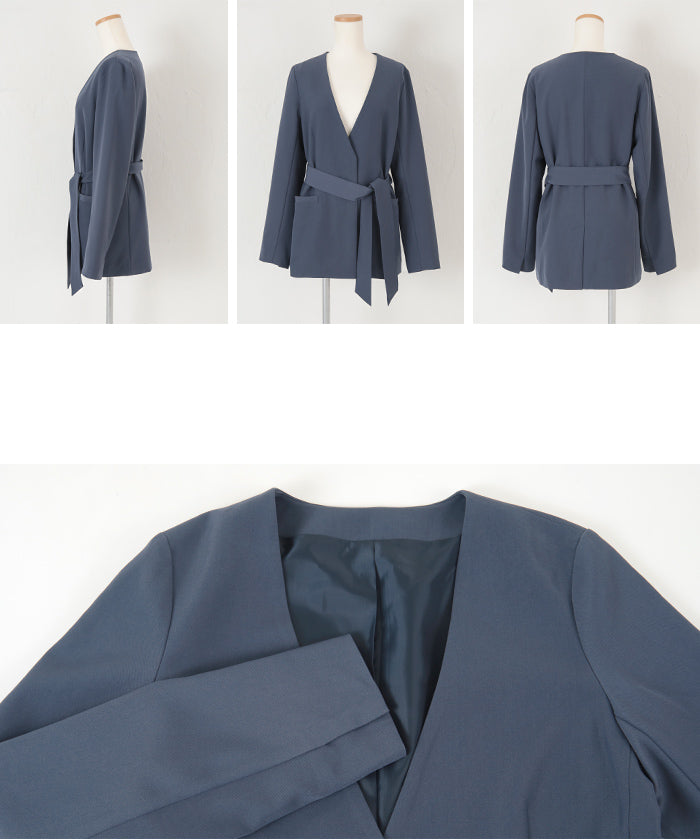 ユアーズ ur's ベルト付ノーカラージャケット (グレージュ) グレージュ