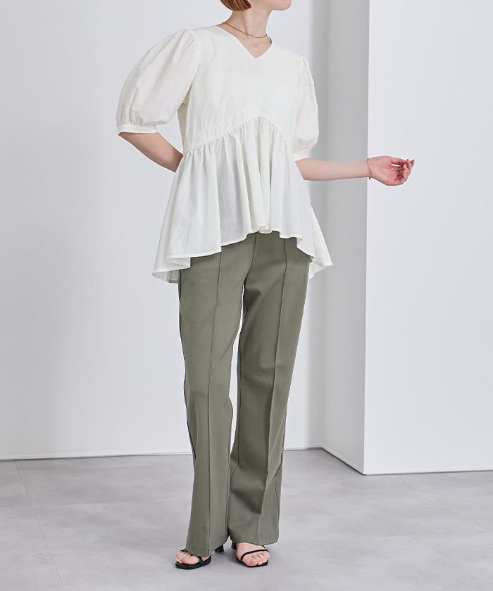 ユアーズ ur's センターピンタックフレアパンツ (カーキ) カーキ