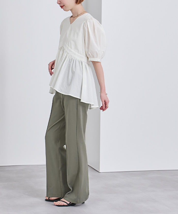 ユアーズ ur's センターピンタックフレアパンツ (カーキ) カーキ