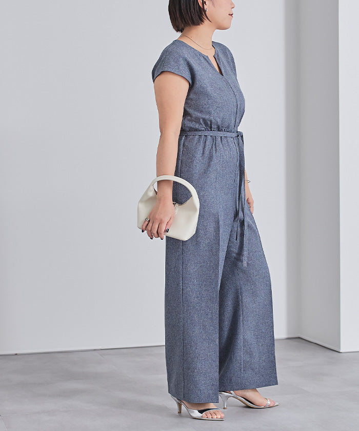 ユアーズ ur's リネンライクヘンリーネックオールインワン (杢ネイビー) 杢ネイビー