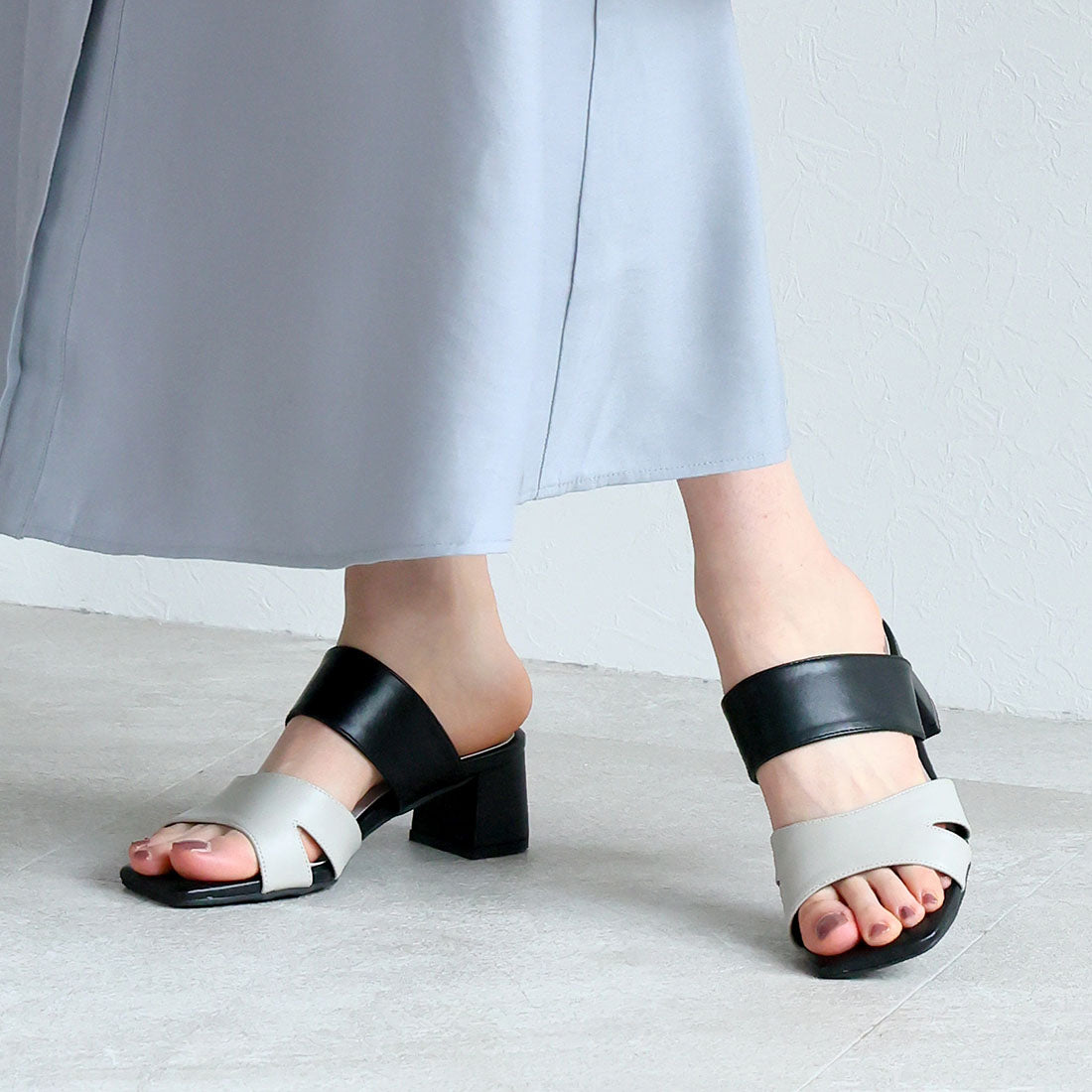 ヴィヴィアン VIVIAN サッと履ける!スクエアトゥスリットデザインバンドサンダル (ブラックコンビ) ブラックコンビ