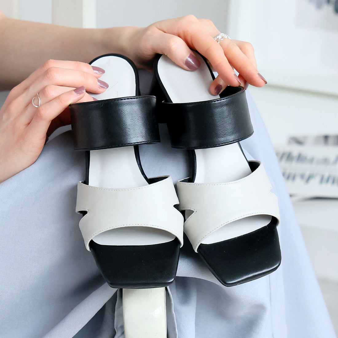 ヴィヴィアン VIVIAN サッと履ける!スクエアトゥスリットデザインバンドサンダル (ブラックコンビ) ブラックコンビ