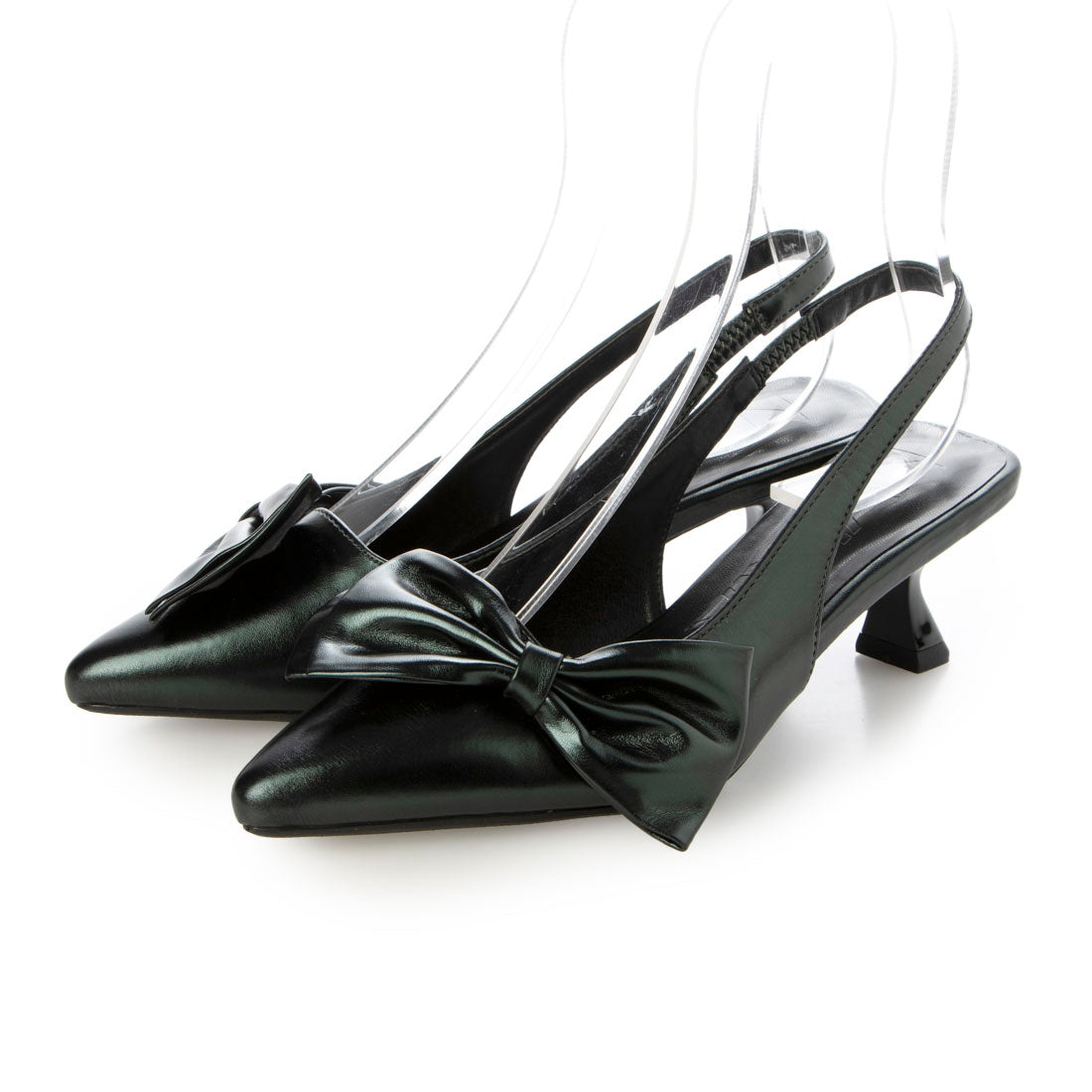 ヴィヴィアン VIVIAN ポインテッドトゥビッグリボンスリングバックパンプス,グリーン