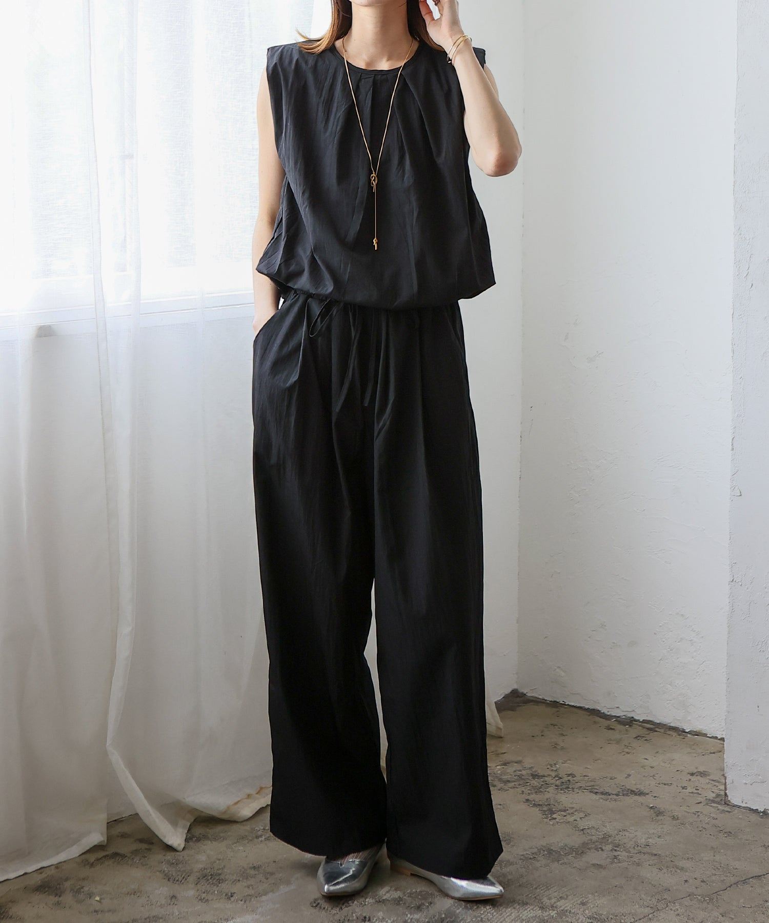 ヴィータフェリーチェ VitaFelice バルーンヘムノースリーブブラウス&ワイドパンツ セットアップ (BLACK) BLACK