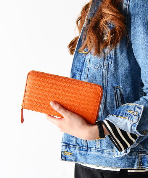 ヴィータフェリーチェ VitaFelice 羊革メッシュラウンドファスナー長財布,オレンジ