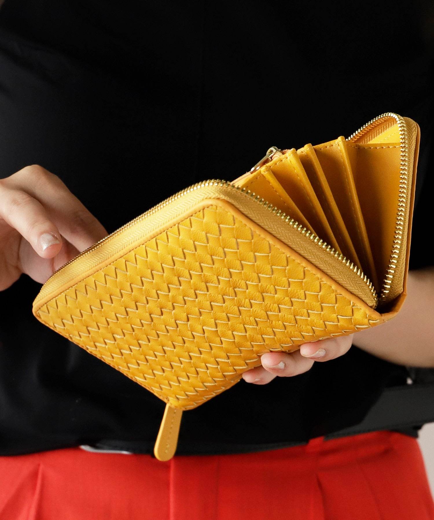 ヴィータフェリーチェ VitaFelice 羊革メッシュラウンドファスナー長財布,MUSTARD