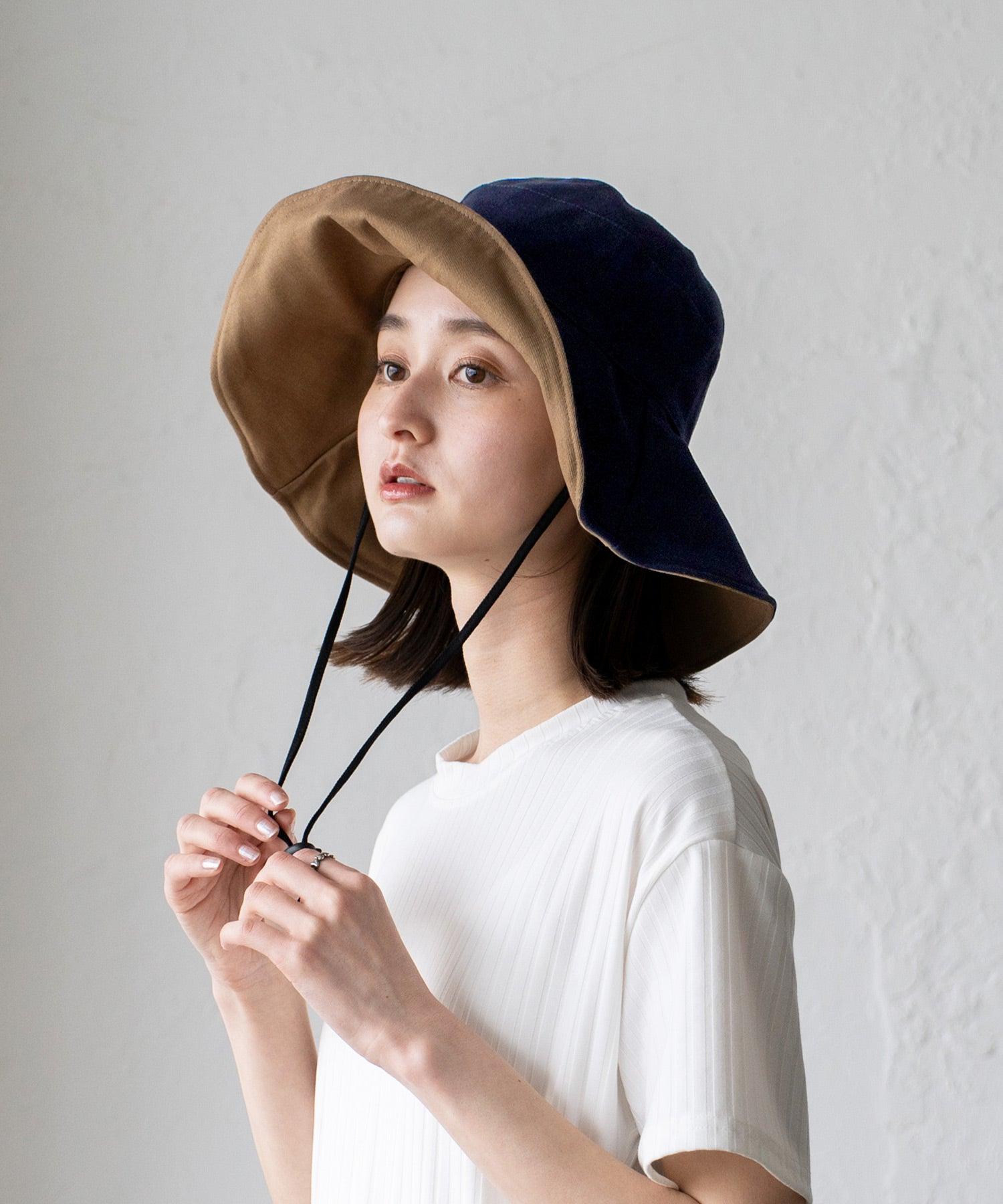 ヴィータフェリーチェ VitaFelice 【リバーシブル】つば広帽子 マスク焼け防止 UV対策 レディース つば広ハット キャペリンハット コットンハット,NAVY