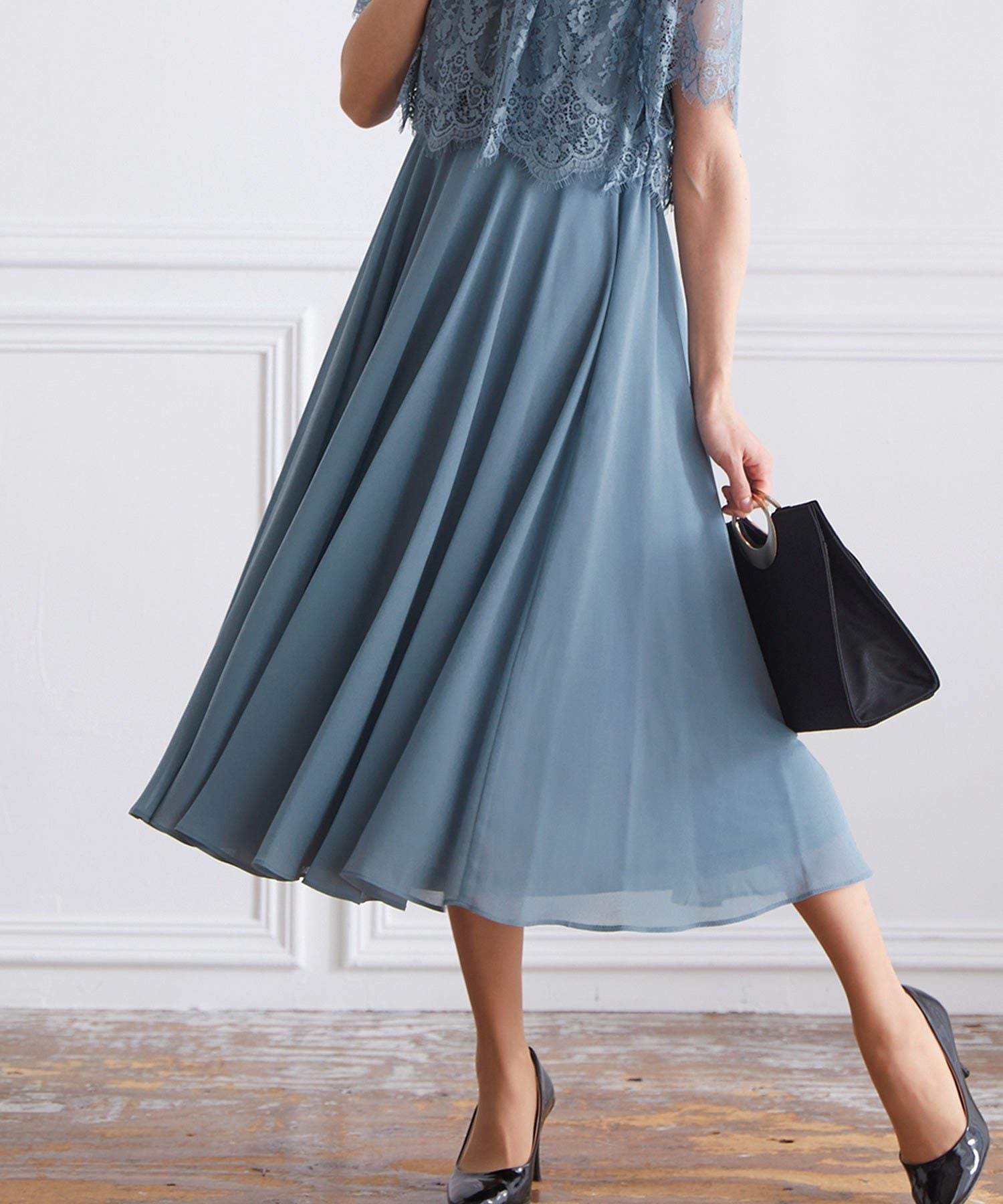 ヴィータフェリーチェ VitaFelice ミモレ丈レースケープ風フレアワンピースドレス 結婚式 半袖 パーティードレス フォーマルドレス お呼ばれ ドレス ミセス 二次会 同窓会 成人式 フレア ノース (ブルーグレー) ブルーグレー