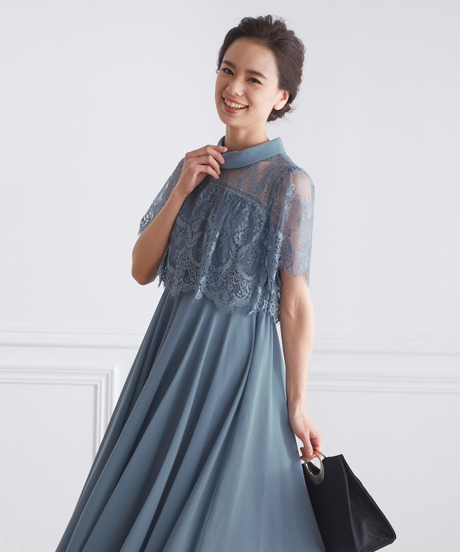 ヴィータフェリーチェ VitaFelice ミモレ丈レースケープ風フレアワンピースドレス 結婚式 半袖 パーティードレス フォーマルドレス お呼ばれ ドレス ミセス 二次会 同窓会 成人式 フレア ノース (ブルーグレー) ブルーグレー