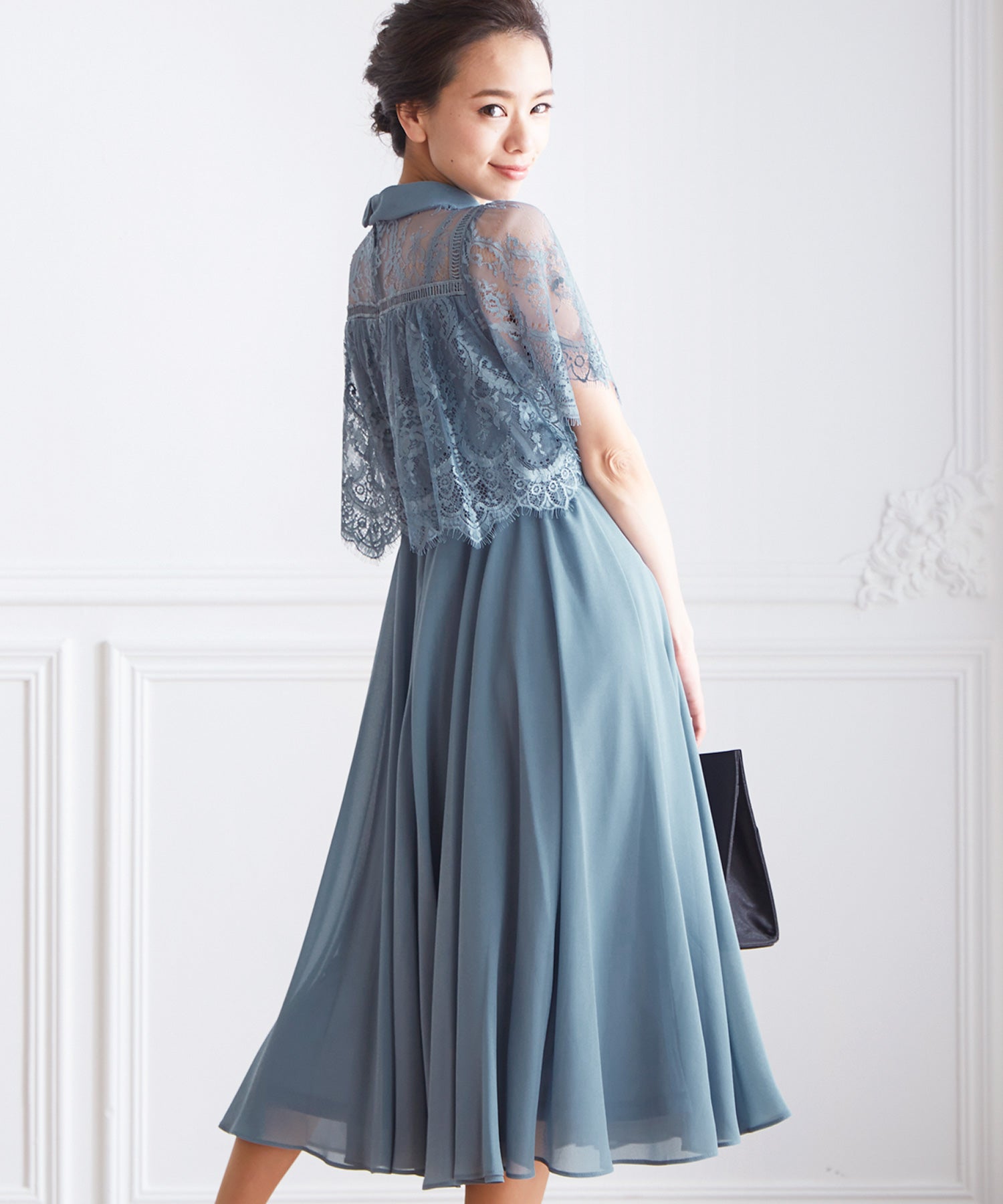 ヴィータフェリーチェ VitaFelice ミモレ丈レースケープ風フレアワンピースドレス 結婚式 半袖 パーティードレス フォーマルドレス お呼ばれ ドレス ミセス 二次会 同窓会 成人式 フレア ノース (ブルーグレー) ブルーグレー