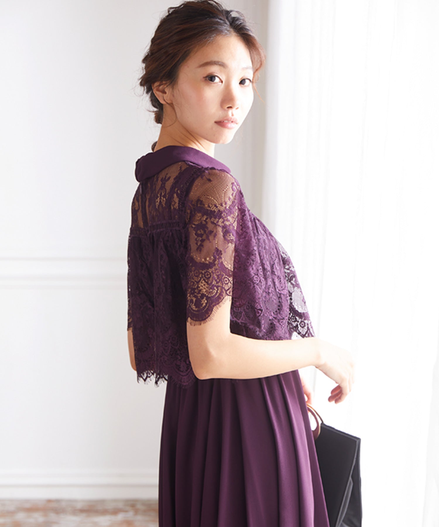 ヴィータフェリーチェ VitaFelice ミモレ丈レースケープ風フレアワンピースドレス 結婚式 半袖 パーティードレス フォーマルドレス お呼ばれ ドレス ミセス 二次会 同窓会 成人式 フレア ノース (ブルーグレー) ブルーグレー