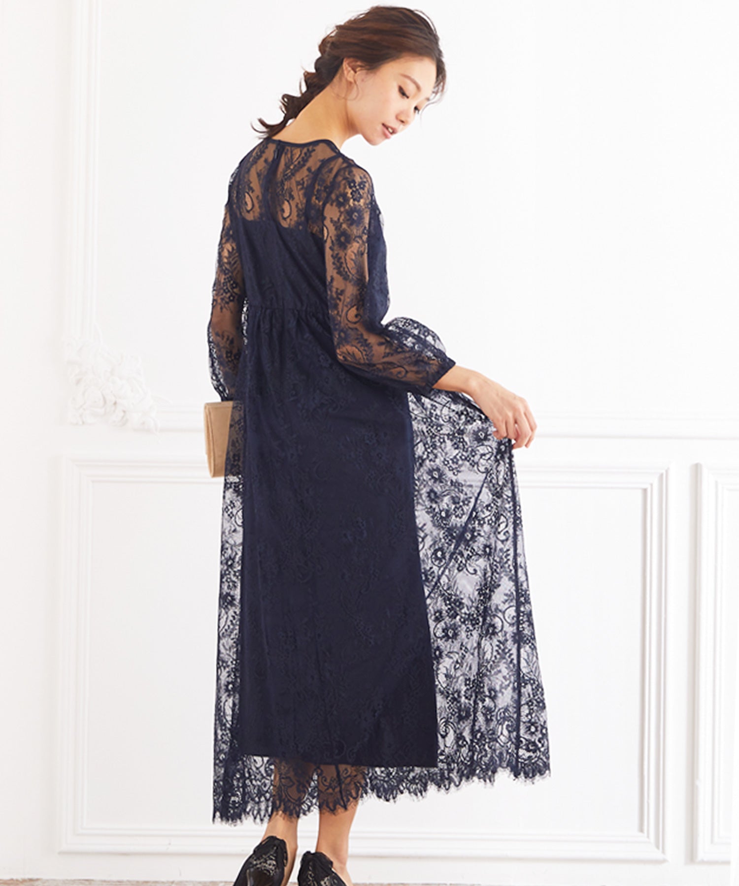 ヴィータフェリーチェ VitaFelice ロング丈七分袖総レースフレアワンピースドレス 結婚式 袖あり パーティードレス フォーマルドレス お呼ばれ ドレス ミセス 二次会 同窓会 成人式 (ブルーグレー) ブルーグレー