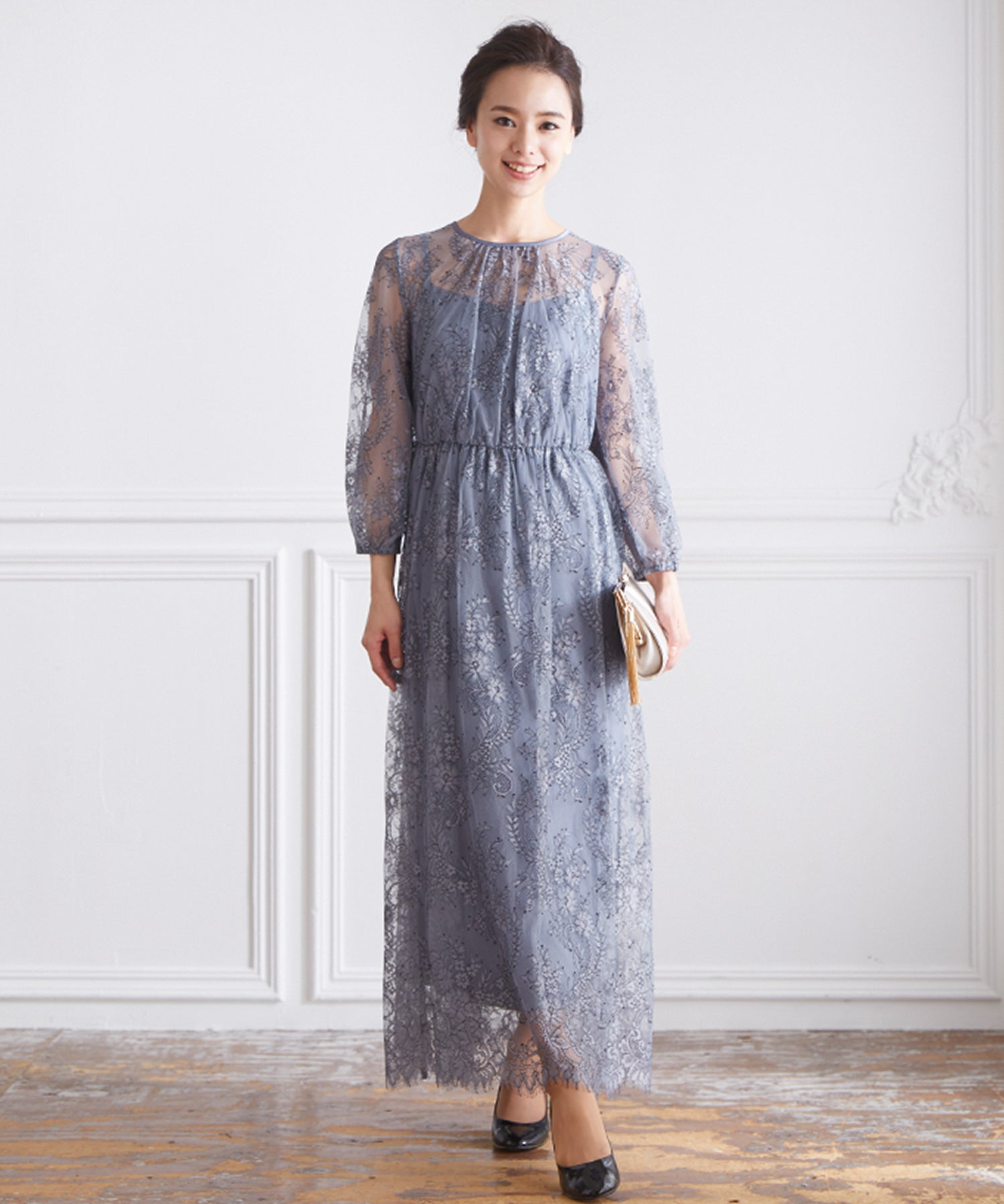 ヴィータフェリーチェ VitaFelice ロング丈七分袖総レースフレアワンピースドレス 結婚式 袖あり パーティードレス フォーマルドレス お呼ばれ ドレス ミセス 二次会 同窓会 成人式 (ブルーグレー) ブルーグレー