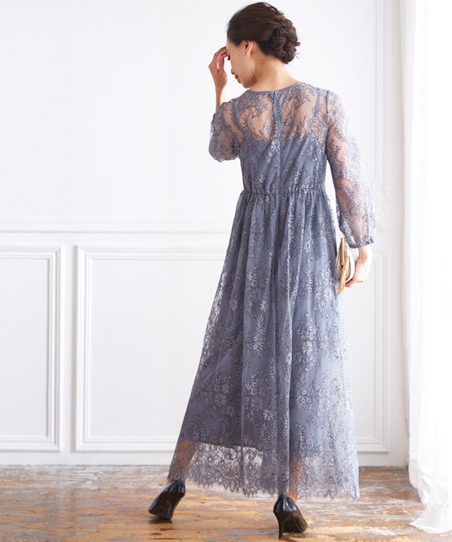 ヴィータフェリーチェ VitaFelice ロング丈七分袖総レースフレアワンピースドレス 結婚式 袖あり パーティードレス フォーマルドレス お呼ばれ ドレス ミセス 二次会 同窓会 成人式 (ブルーグレー) ブルーグレー