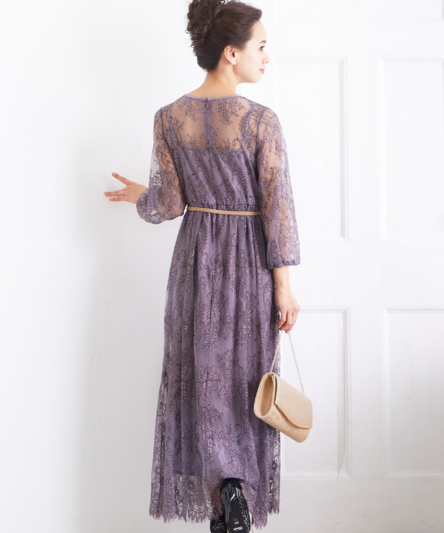 ヴィータフェリーチェ VitaFelice ロング丈七分袖総レースフレアワンピースドレス 結婚式 袖あり パーティードレス フォーマルドレス お呼ばれ ドレス ミセス 二次会 同窓会 成人式 (ブルーグレー) ブルーグレー