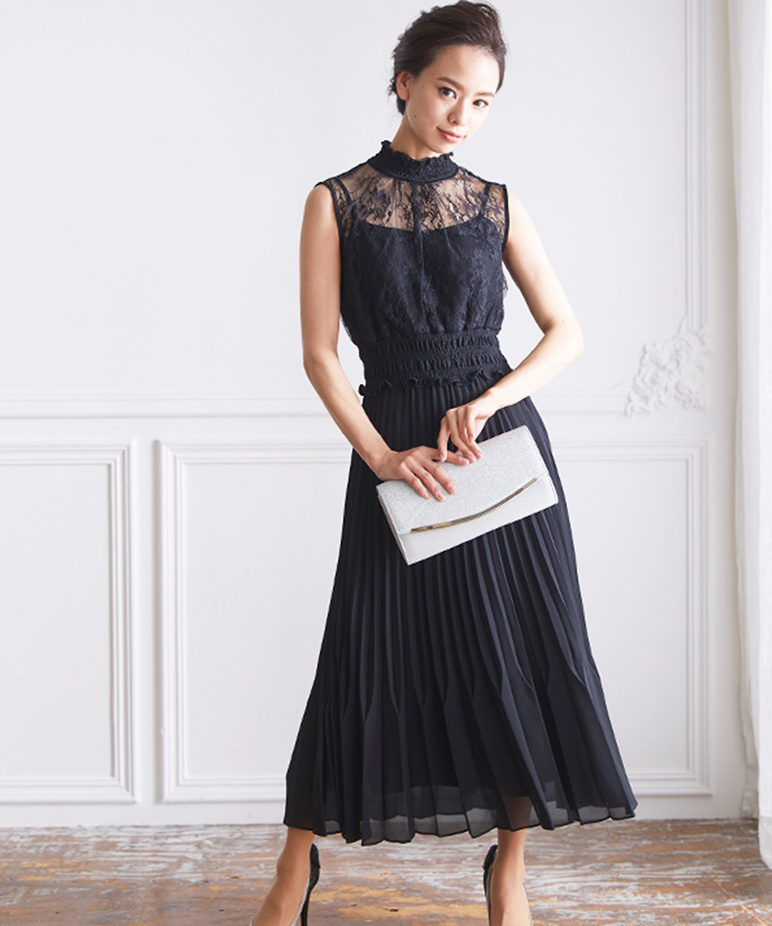 ヴィータフェリーチェ VitaFelice ロング丈ノースリーブレースフリルワンピースドレス 結婚式 パーティードレス フォーマルドレス お呼ばれ ドレス ミセス 二次会 同窓会 成人式 プリーツ ゴム (アーミーカーキ) アーミーカーキ