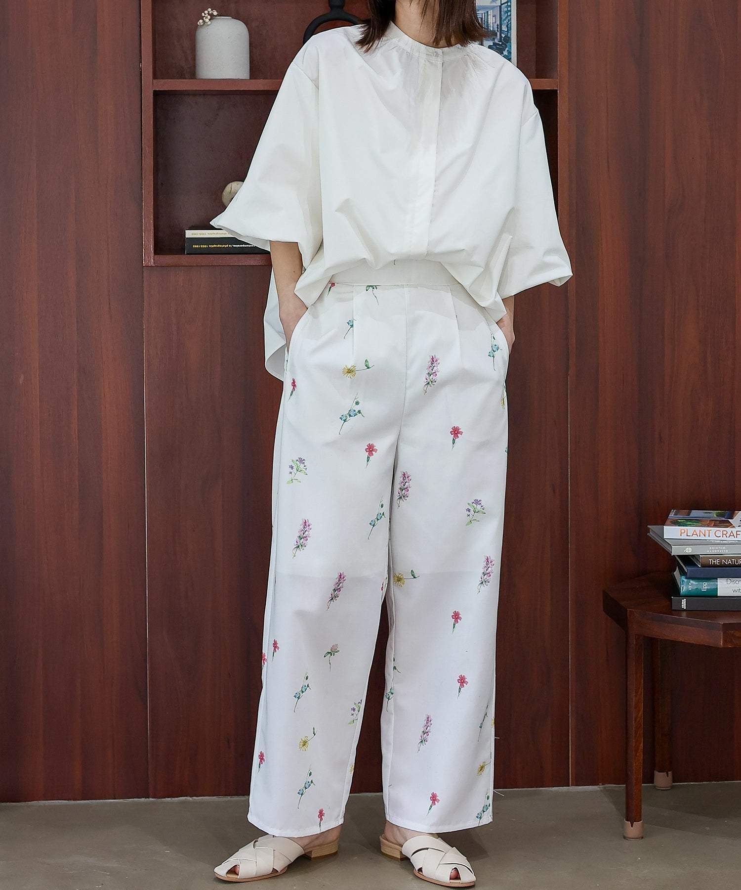 ヴィータフェリーチェ VitaFelice フラワープリント 花柄 フルレングス パンツ (NAVY) NAVY