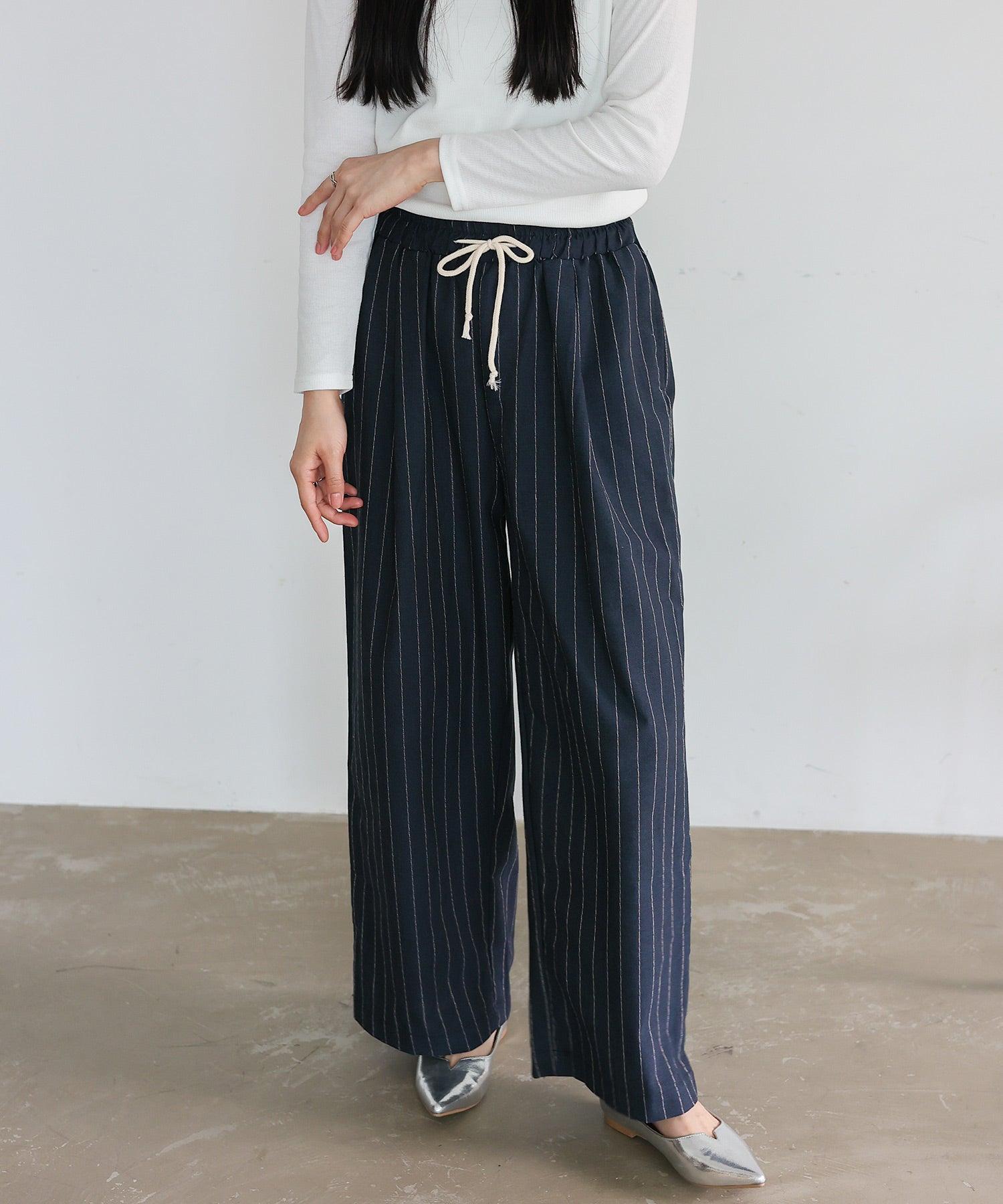 ヴィータフェリーチェ VitaFelice リネンライクストライプイージーパンツ (NAVY) NAVY
