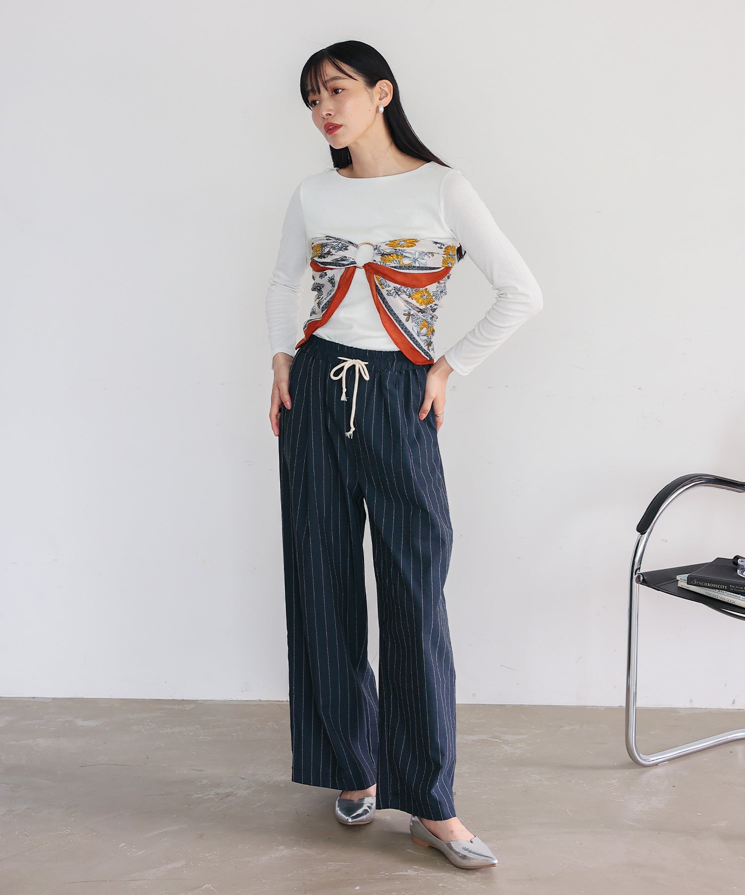 ヴィータフェリーチェ VitaFelice リネンライクストライプイージーパンツ (NAVY) NAVY