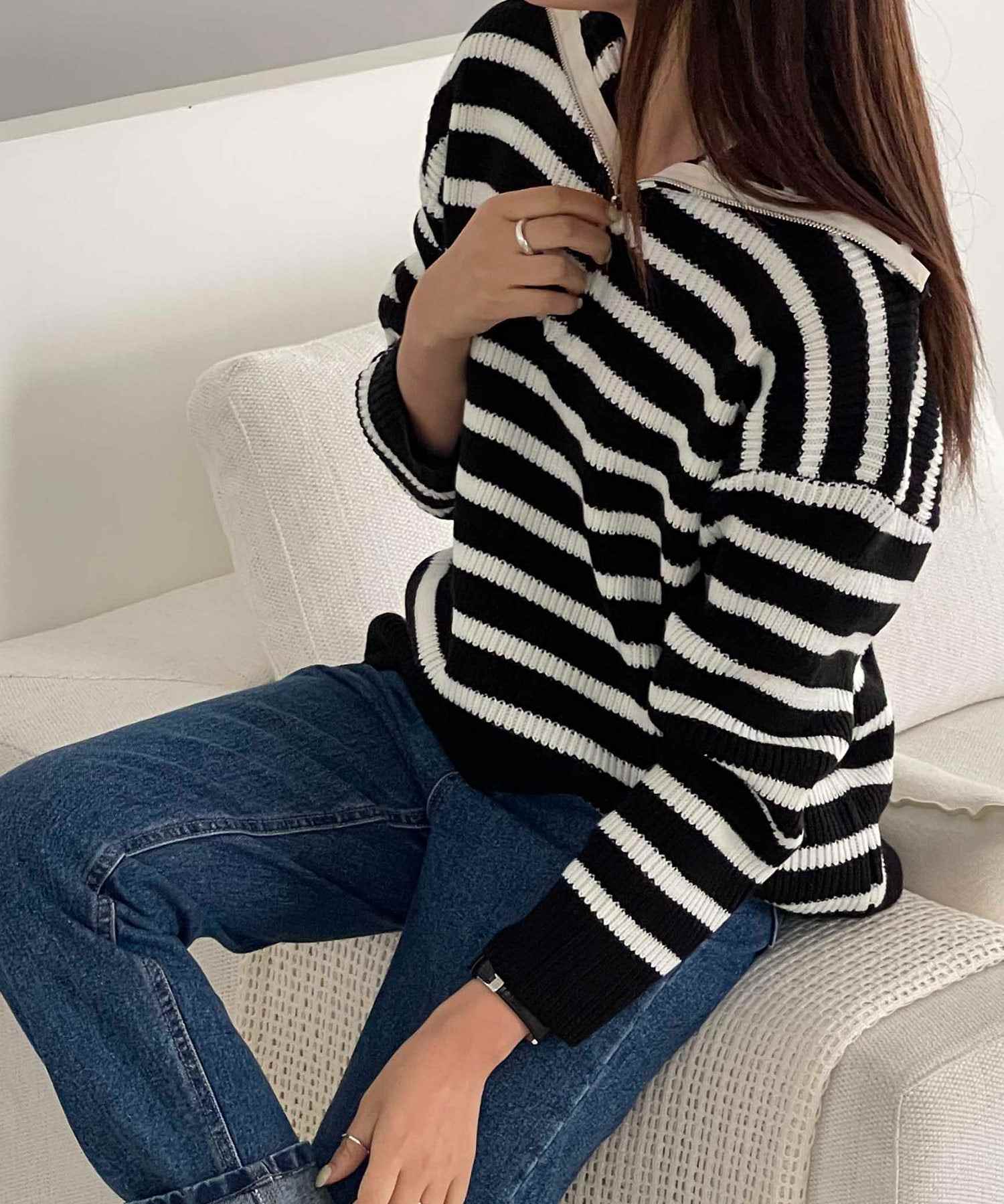 ヴィータフェリーチェ VitaFelice セーラーカラーフロントジップニットプルオーバー,BLACK