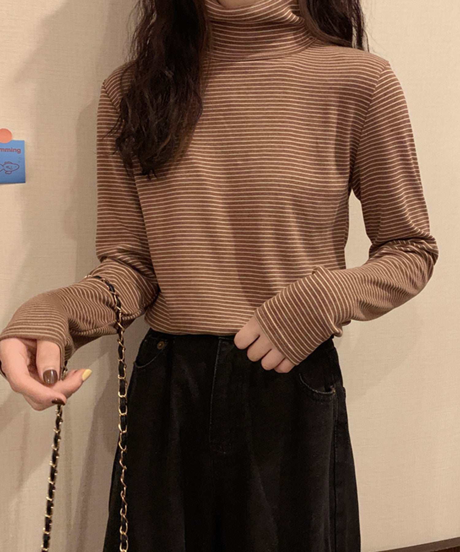 ヴィータフェリーチェ VitaFelice 裏起毛ハイネックボーダーカットソー (BROWN) BROWN