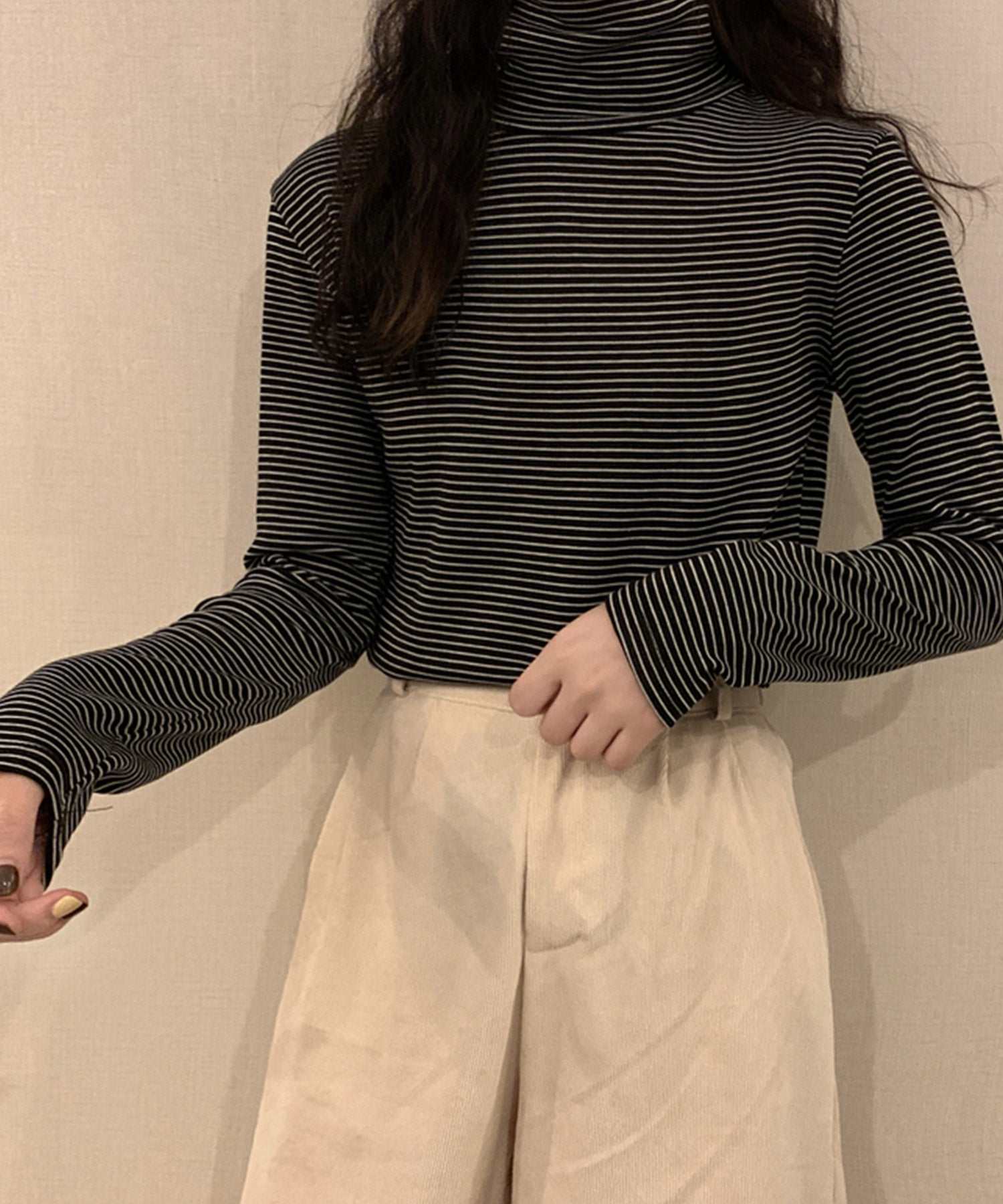 ヴィータフェリーチェ VitaFelice 裏起毛ハイネックボーダーカットソー (BROWN) BROWN