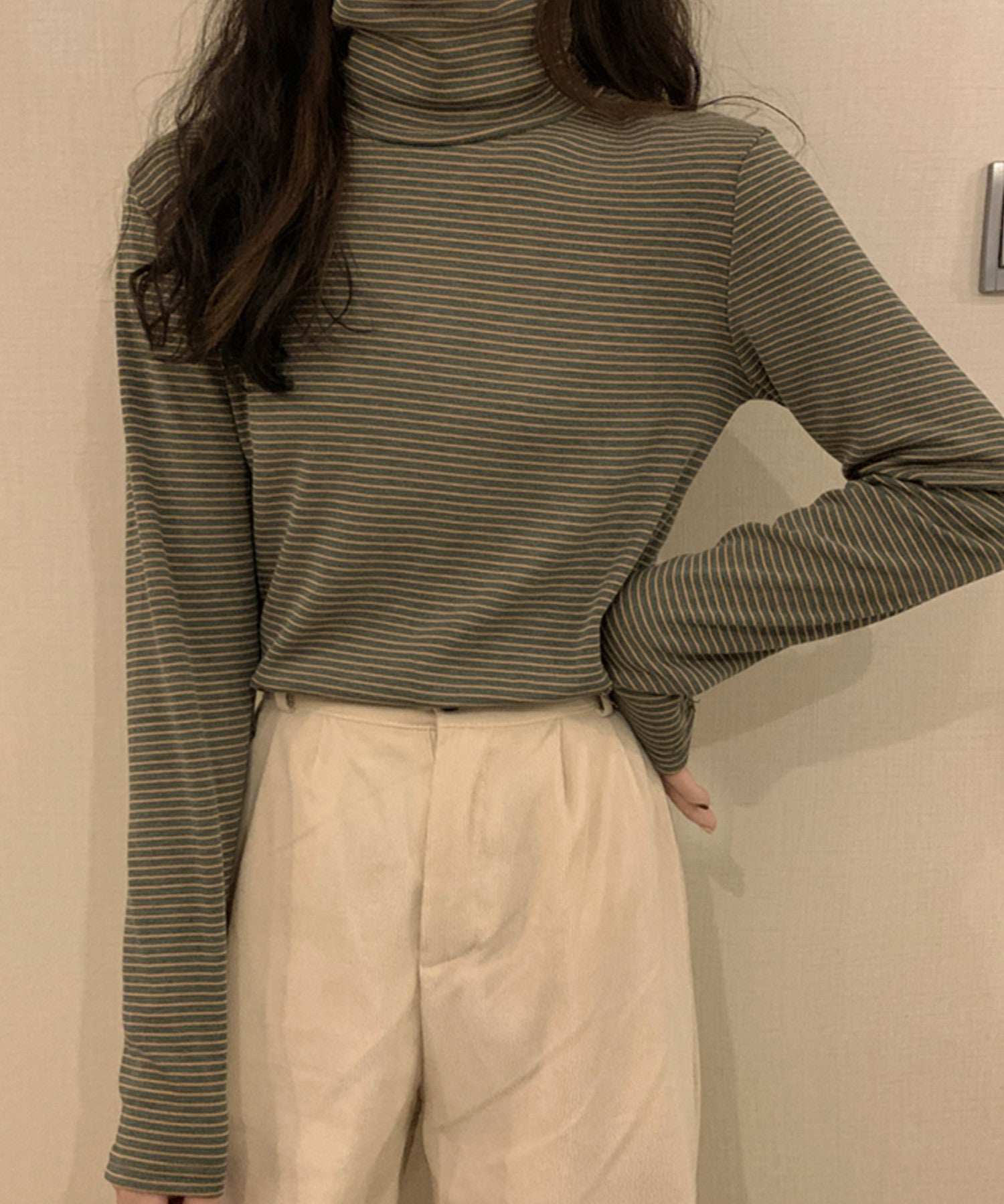 ヴィータフェリーチェ VitaFelice 裏起毛ハイネックボーダーカットソー (BROWN) BROWN