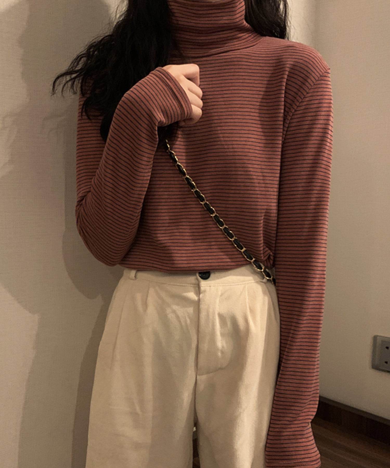 ヴィータフェリーチェ VitaFelice 裏起毛ハイネックボーダーカットソー (BROWN) BROWN