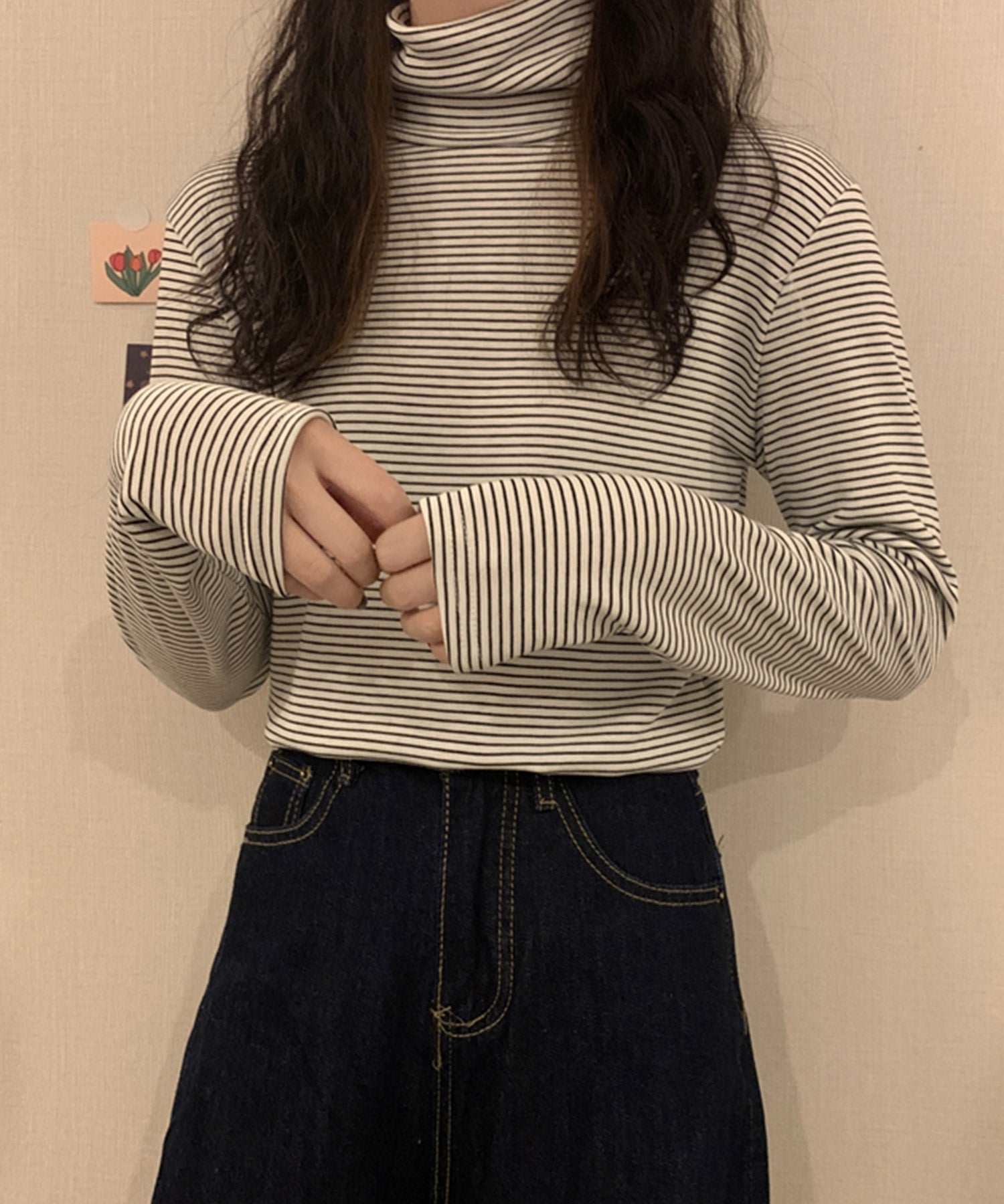 ヴィータフェリーチェ VitaFelice 裏起毛ハイネックボーダーカットソー (BROWN) BROWN