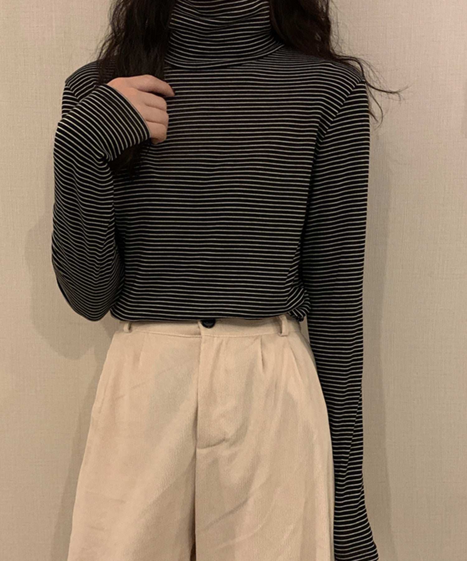 ヴィータフェリーチェ VitaFelice 裏起毛ハイネックボーダーカットソー (BROWN) BROWN