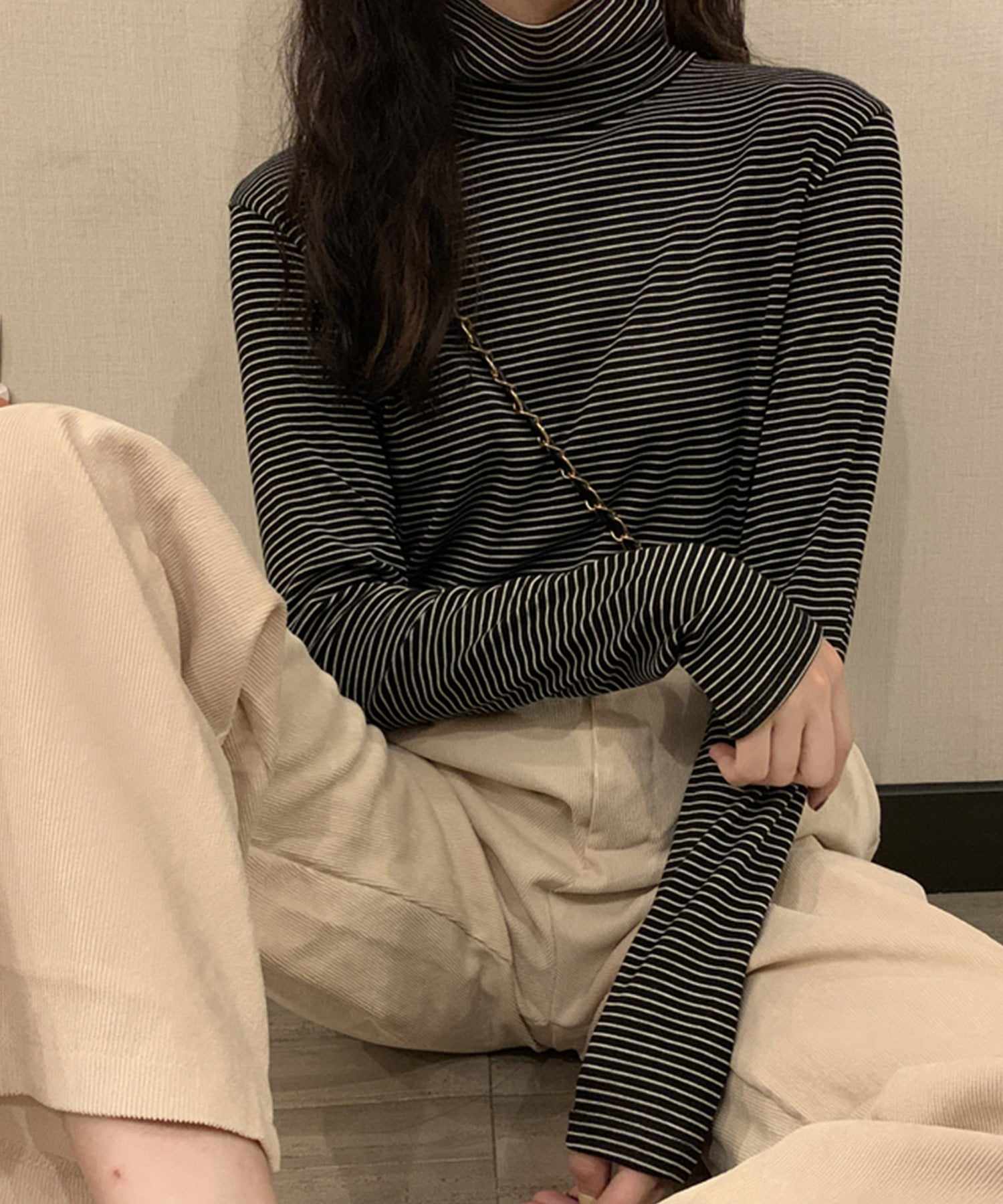 ヴィータフェリーチェ VitaFelice 裏起毛ハイネックボーダーカットソー (BROWN) BROWN